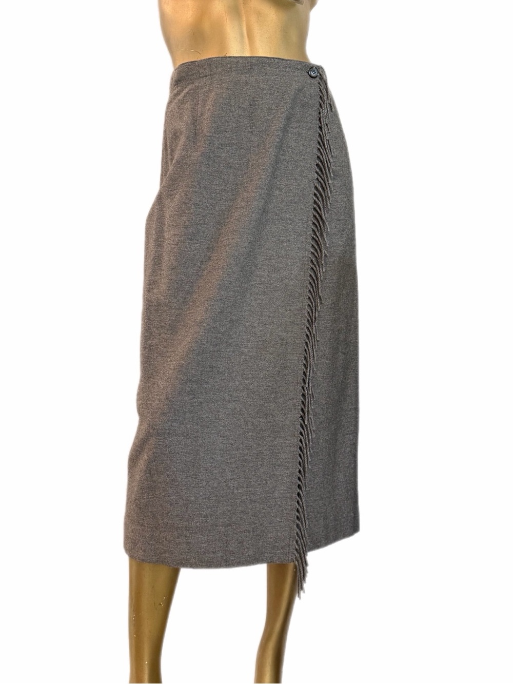 Vintage 90s Lizwear Wool Blend Fringe trim Wrap Midi Skirt Gray size 8 W-26.5”